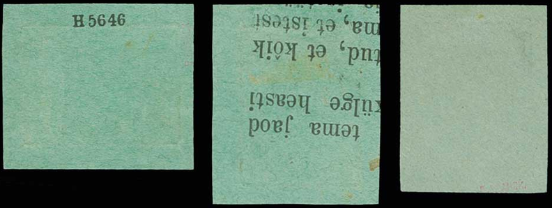 Trīs izmēģinājuma rokas iespiedumi uz zaļa papīra, t. sk. viens iespiedums ar tekstu reversā un viens iespiedums uz abpusēji apdrukāta papīra. Pārdoti izsolē par 260 €. 